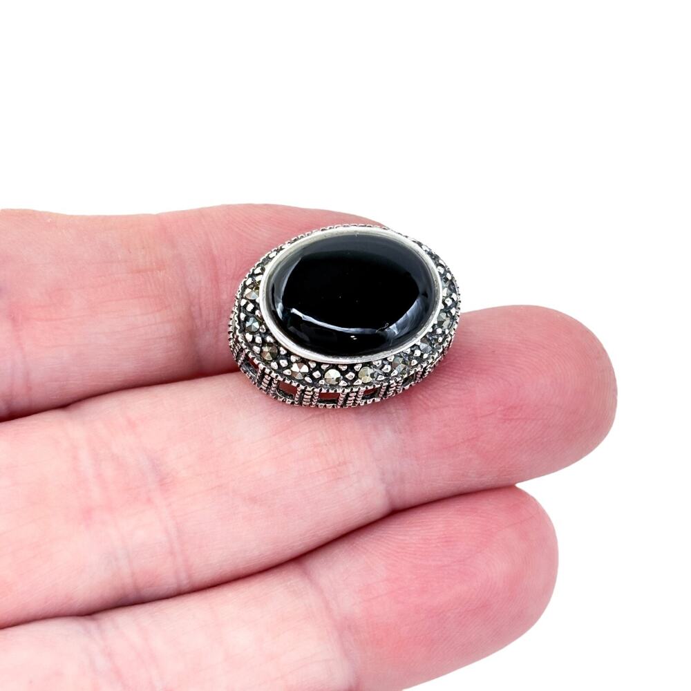 Vintage Sterling Silver 925 Marcasite Onyx Pendant